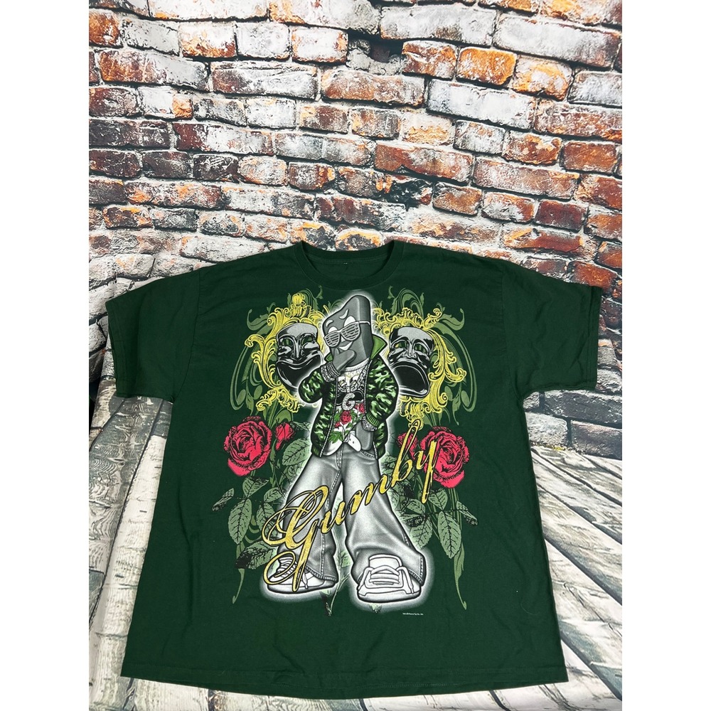 Vtg Gumby Urban Streetwear Graphic T-Shirt Forest Green Mens XL Camo Rose Print